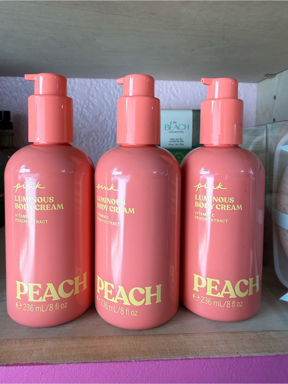 3 PINK Victoria's Secret Peach Luminous Body Cream - Coral Pink Bottles